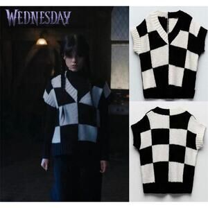 Zara Knit Checkered Sweater Vest V-Neck Top ASO Jenna Ortega Wednesday Addams